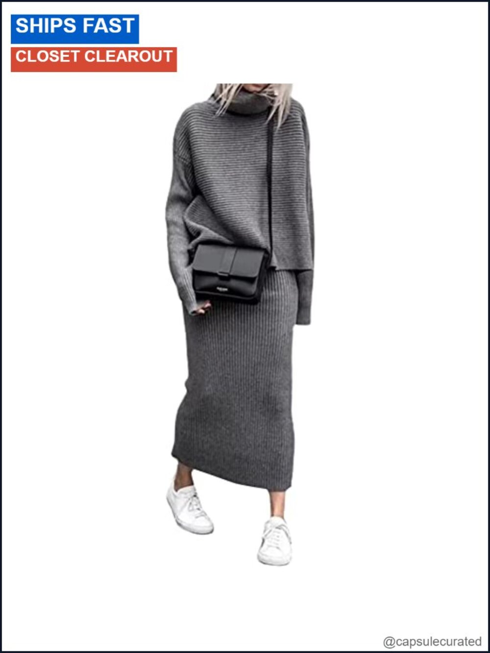 Women's Turtleneck Ribbed Knit Sweater Midi Pencil Skirt 2 Piece Set
